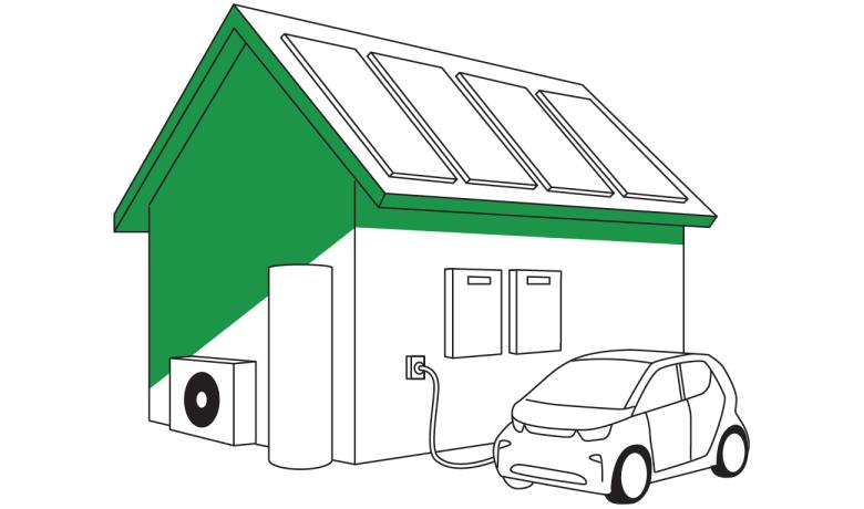 Graphic of a green and white house with solar panels and battery, electric hot water, electric heating/cooling and an electric vehicle charging.