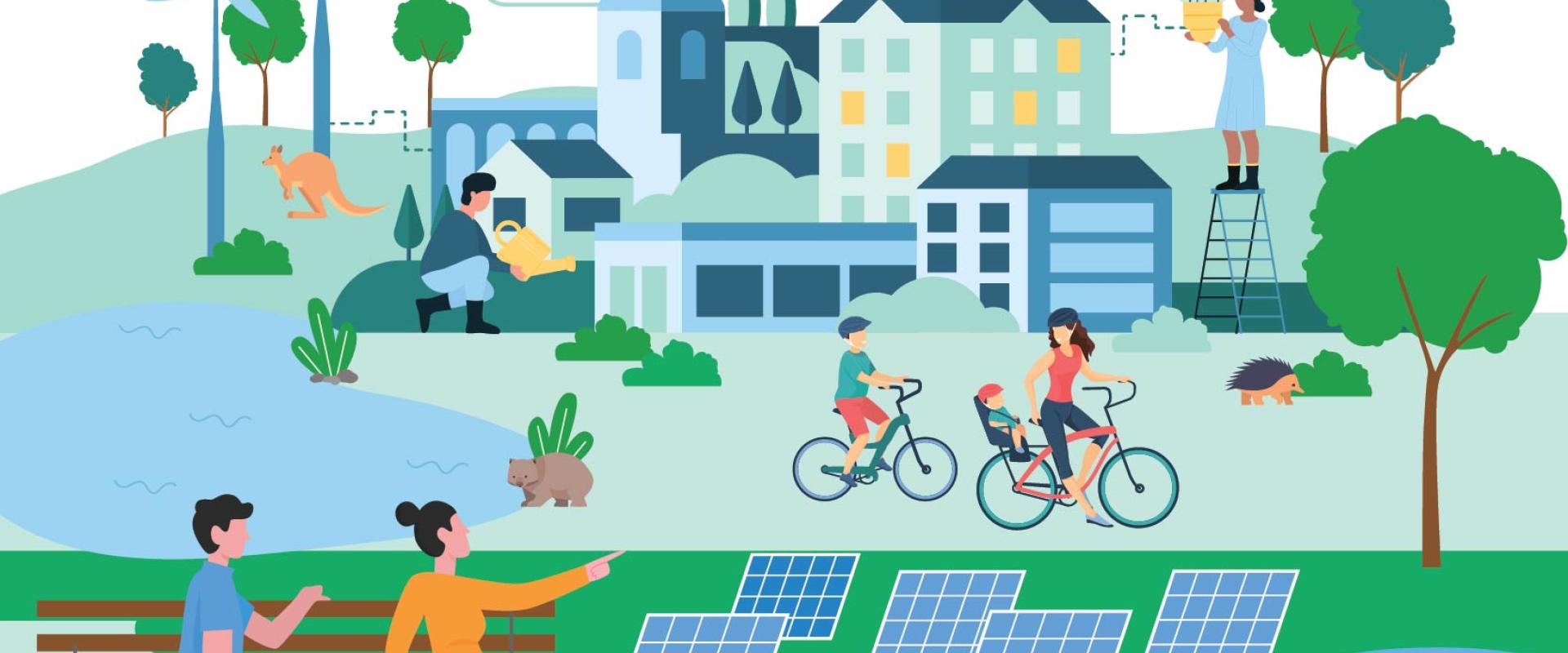 Graphic image of a small city with multiple figures going about their day using renewable energy sources.