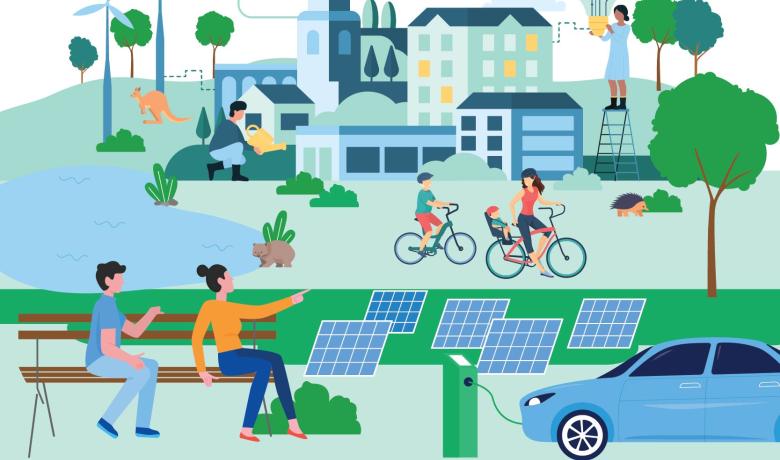 Graphic image of a small city with multiple figures going about their day using renewable energy sources.