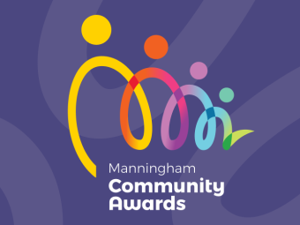 Colourful ribbon-like figures on a purple background with text: Manningham Community Awards. A vibrant, inclusive community design.