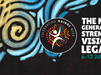 Logo for NAIDOC Week with blue swirls around a yellow circle on a black background that reads The Next Generation: Strength, Vision and Legacy 6-13 July 2025
