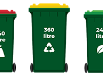 Picture of a 240 litre garbage, 360 litre recycling and 240 litre garden bin